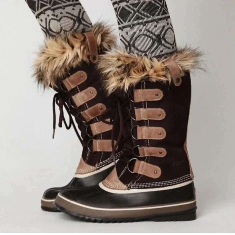 Sorel Joan‎ of Arctic Snow Boots Black Faux Fur Size 8 Brown Fur Cuff